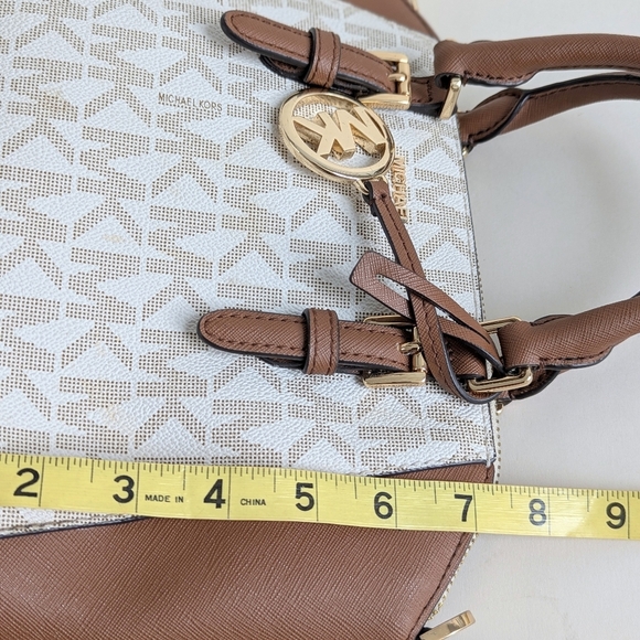 Michael Kors Ciara Medium Logo Printed Coated Canvas Leather Satchel Cream Brown - Picture 11 of 15